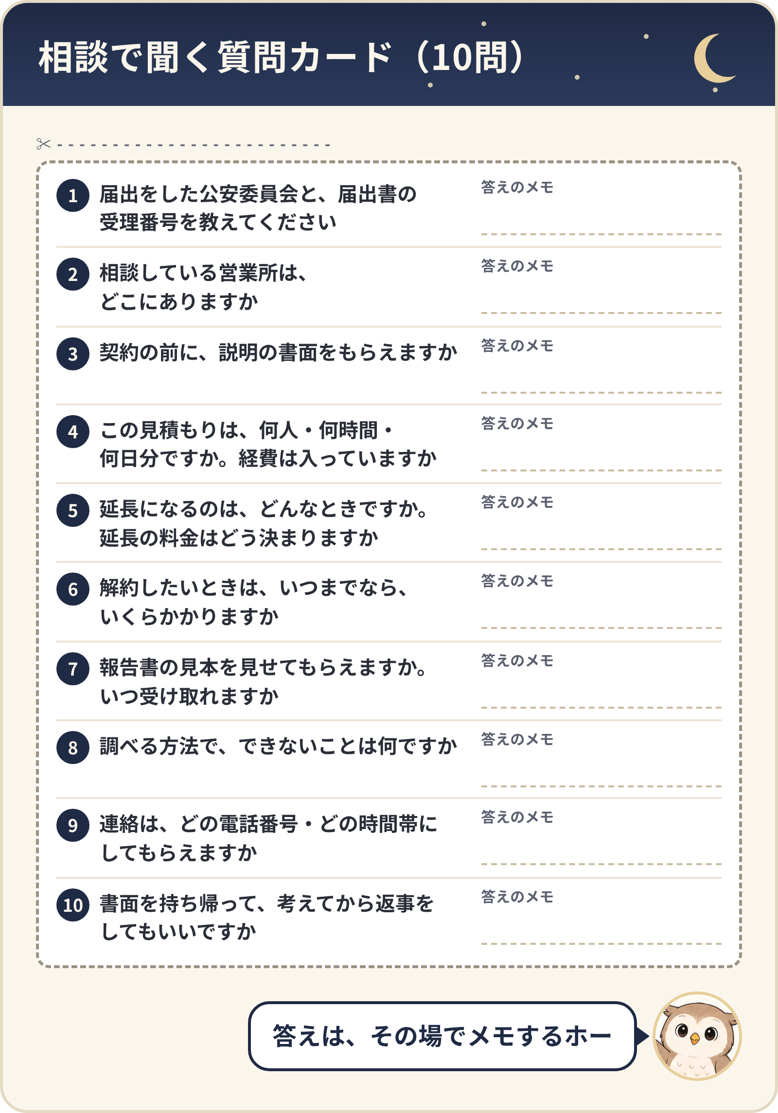 相談で聞く質問カード10問と答えのメモ欄。届出の公安委員会と受理番号、営業所の場所、契約前の書面、見積もりの人数・時間・日数と経費、延長、解約、報告書の見本、できないこと、連絡方法、書面を持ち帰ってよいか